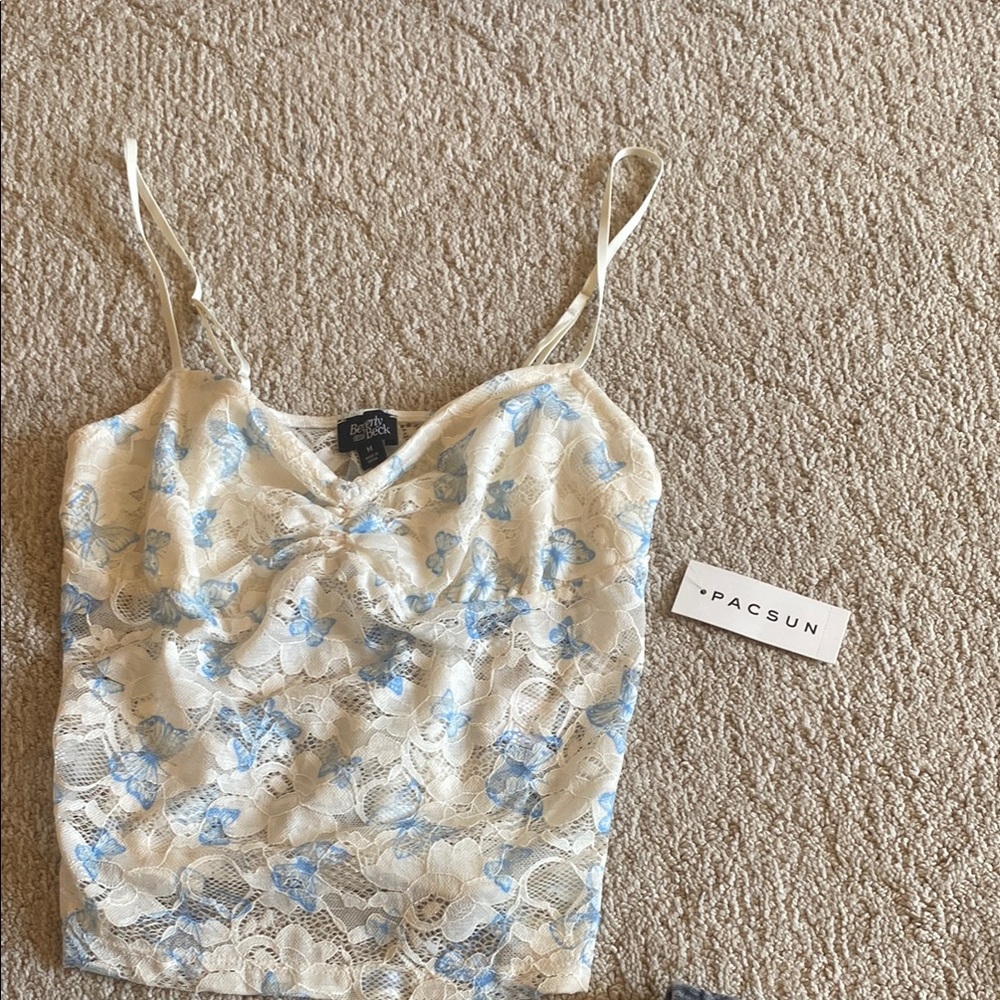 PacSun Women's Cream and Blue Lace Top
